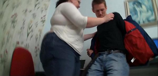  Big belly teacher getting banged from behind